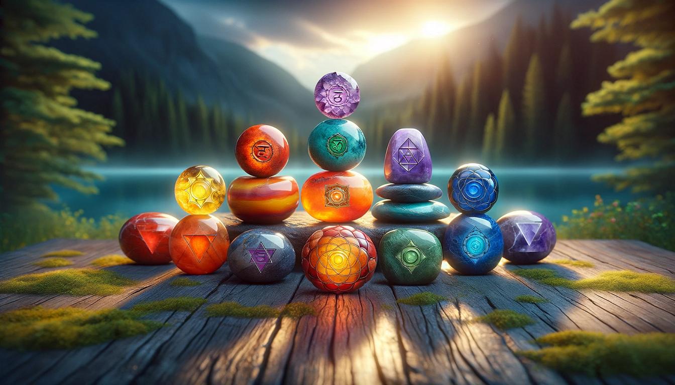 seven chakra stones, each representing a different chakra